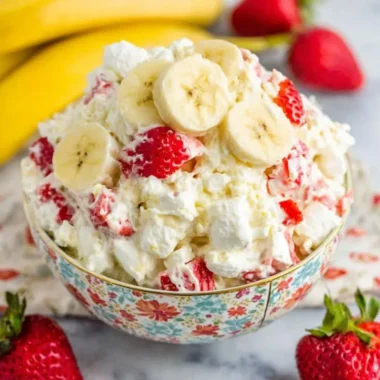 Bowl of Strawberry Banana Fluff Salad with fresh fruits and whipped cream