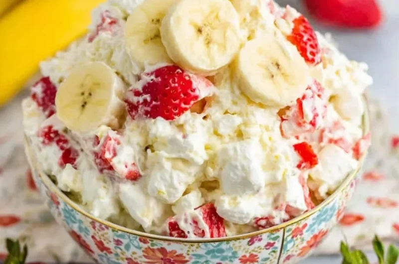 Bowl of Strawberry Banana Fluff Salad with fresh fruits and whipped cream