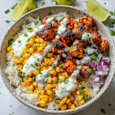Delicious Street Corn Chicken Rice Bowl with grilled chicken and corn
