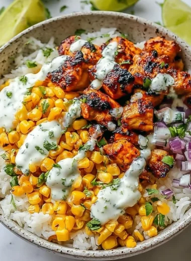Delicious Street Corn Chicken Rice Bowl with grilled chicken and corn