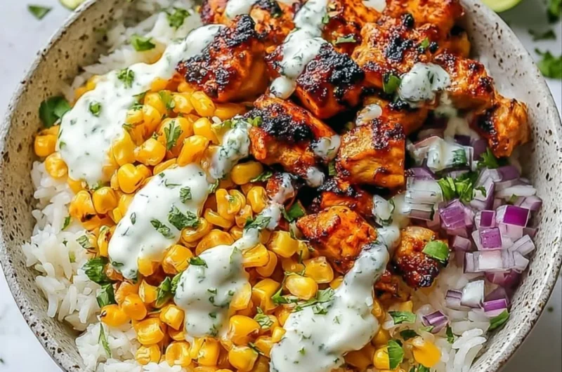 Delicious Street Corn Chicken Rice Bowl with grilled chicken and corn