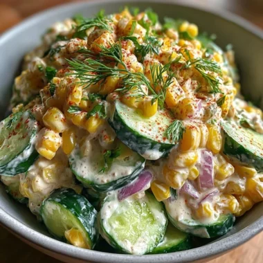 Delicious Street Corn Creamy Cucumber Salad topped with fresh herbs and spices.