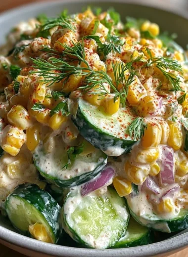 Delicious Street Corn Creamy Cucumber Salad topped with fresh herbs and spices.