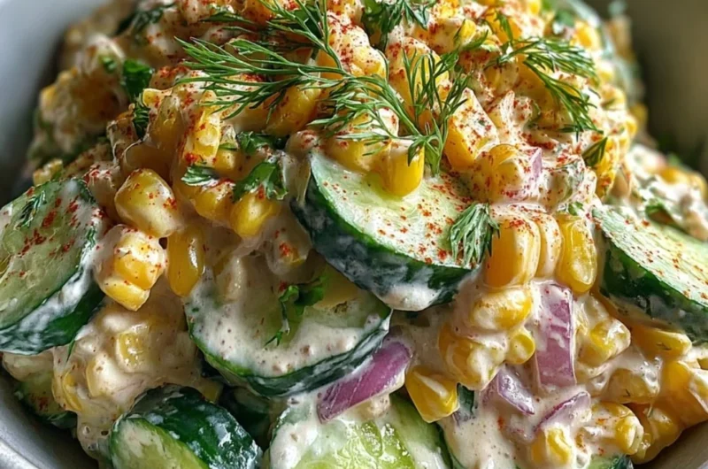 Delicious Street Corn Creamy Cucumber Salad topped with fresh herbs and spices.