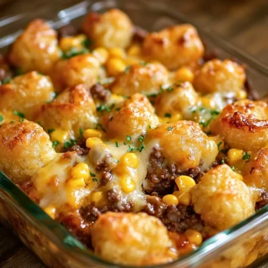 Delicious Tater Tot Casserole topped with crispy golden tater tots and ground beef