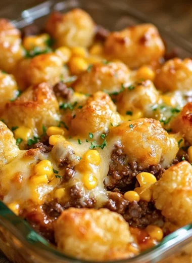 Delicious Tater Tot Casserole topped with crispy golden tater tots and ground beef
