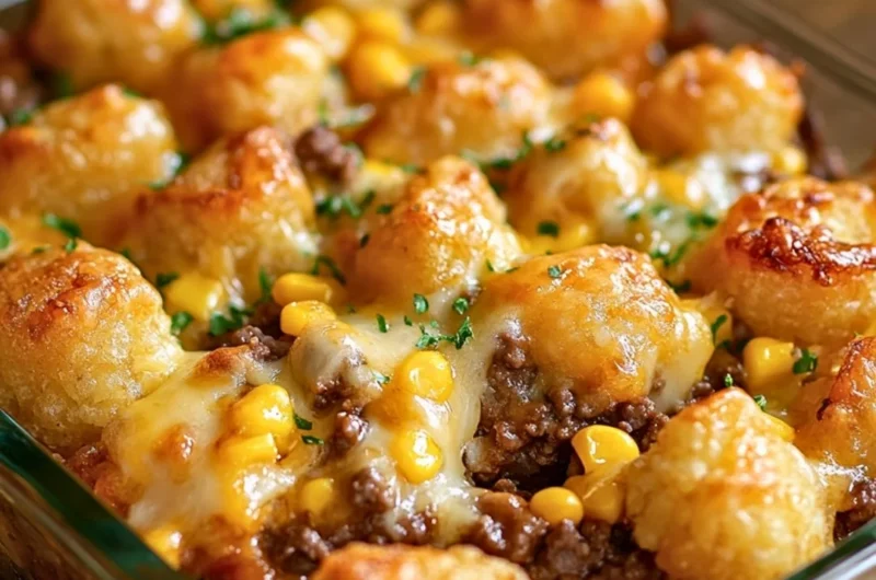 Delicious Tater Tot Casserole topped with crispy golden tater tots and ground beef