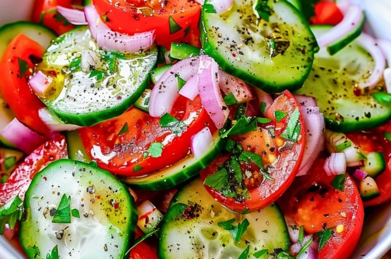 Fresh Tomato Cucumber Salad with herbs and dressing