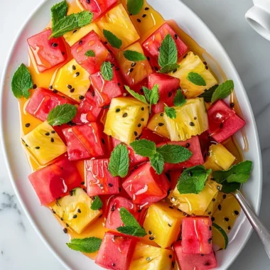 Refreshing watermelon pineapple salad with mint and lime dressing