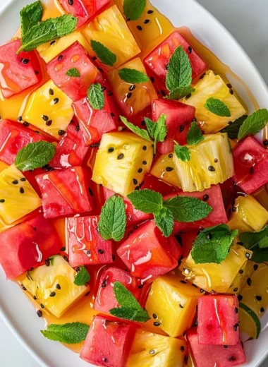 Refreshing watermelon pineapple salad with mint and lime dressing