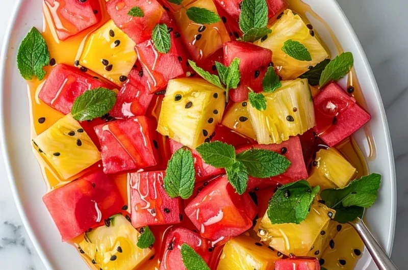 Refreshing watermelon pineapple salad with mint and lime dressing