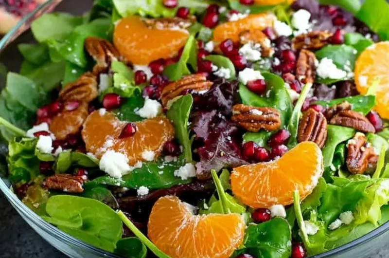 Colorful winter salad with fresh greens, nuts, and seasonal vegetables