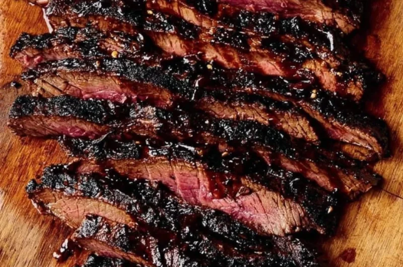 Balsamic flank steak served with grilled zucchini and creamy whipped feta.