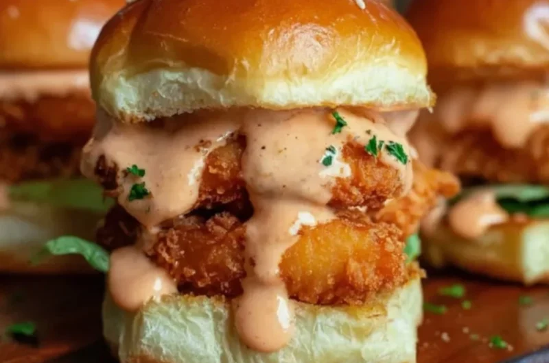 Bang Bang Chicken Sliders with spicy sauce and toppings