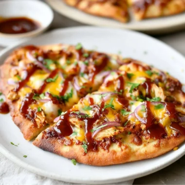 BBQ Chicken Naan Pizza topped with cheese and fresh herbs
