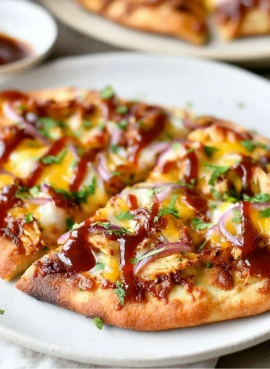 BBQ Chicken Naan Pizza topped with cheese and fresh herbs