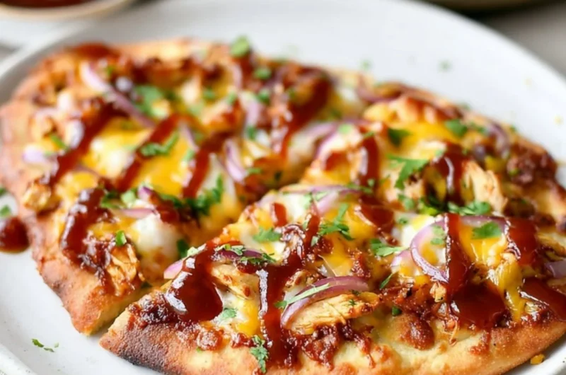 BBQ Chicken Naan Pizza topped with cheese and fresh herbs
