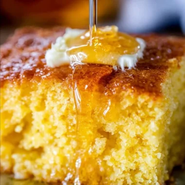 Delicious slice of homemade cornbread, sweet and moist, on a wooden table.