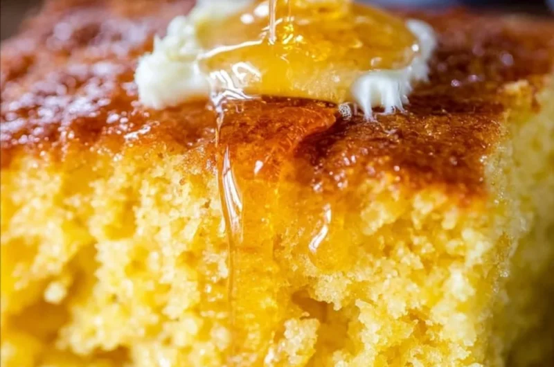 Delicious slice of homemade cornbread, sweet and moist, on a wooden table.
