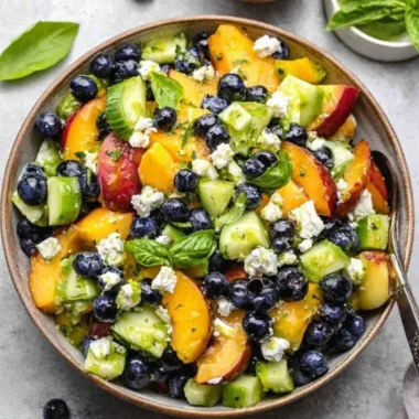 Blueberry peach feta salad with fresh fruits and creamy feta cheese