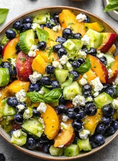 Blueberry peach feta salad with fresh fruits and creamy feta cheese