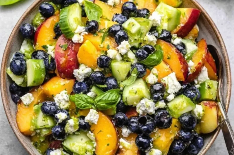 Blueberry peach feta salad with fresh fruits and creamy feta cheese