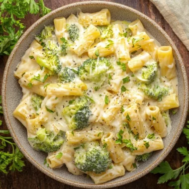 Creamy Broccoli Cheese Pasta dish with broccoli and melted cheese