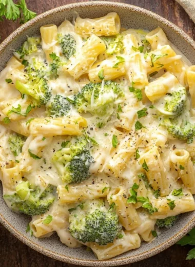 Creamy Broccoli Cheese Pasta dish with broccoli and melted cheese