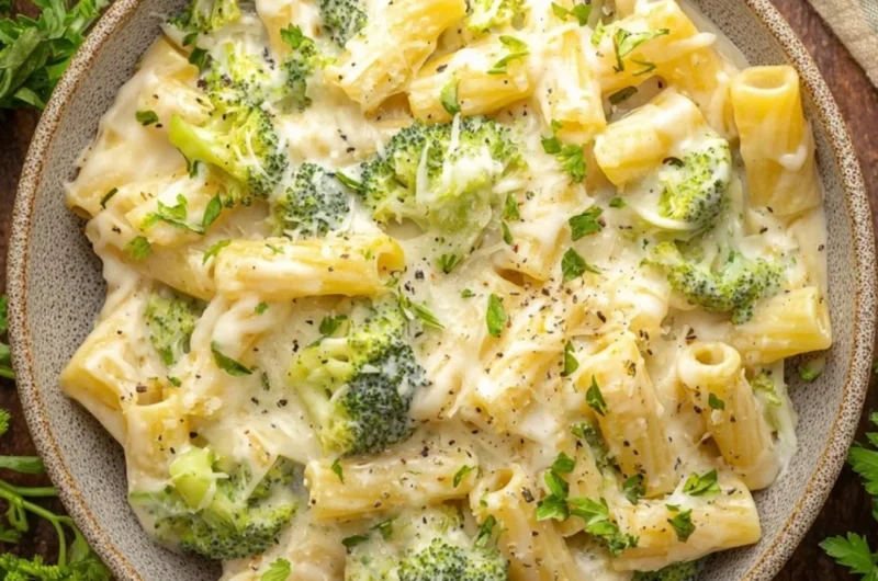 Creamy Broccoli Cheese Pasta dish with broccoli and melted cheese