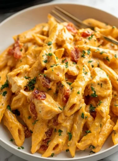 Delicious bowl of Buffalo Chicken Pasta topped with scallions and cheese