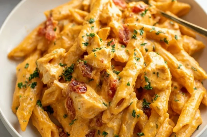 Delicious bowl of Buffalo Chicken Pasta topped with scallions and cheese