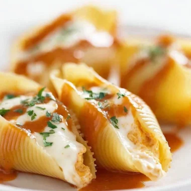 Delicious Buffalo Chicken Stuffed Shells topped with cheese