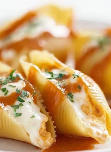 Delicious Buffalo Chicken Stuffed Shells topped with cheese