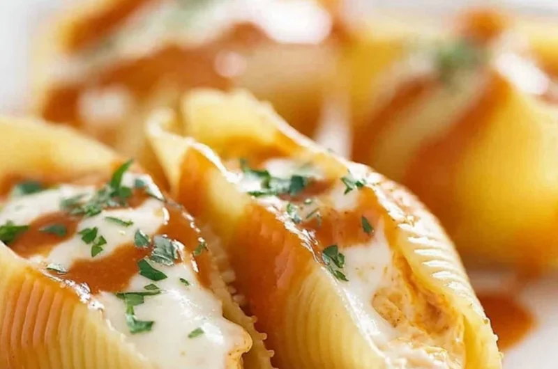 Delicious Buffalo Chicken Stuffed Shells topped with cheese