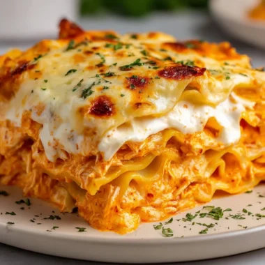 Delicious Buffalo Ranch Chicken Lasagna topped with cheese and buffalo sauce