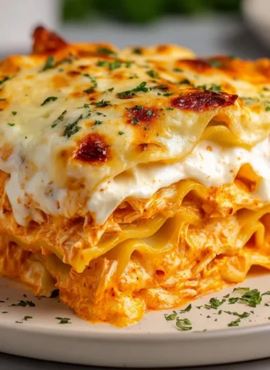 Delicious Buffalo Ranch Chicken Lasagna topped with cheese and buffalo sauce