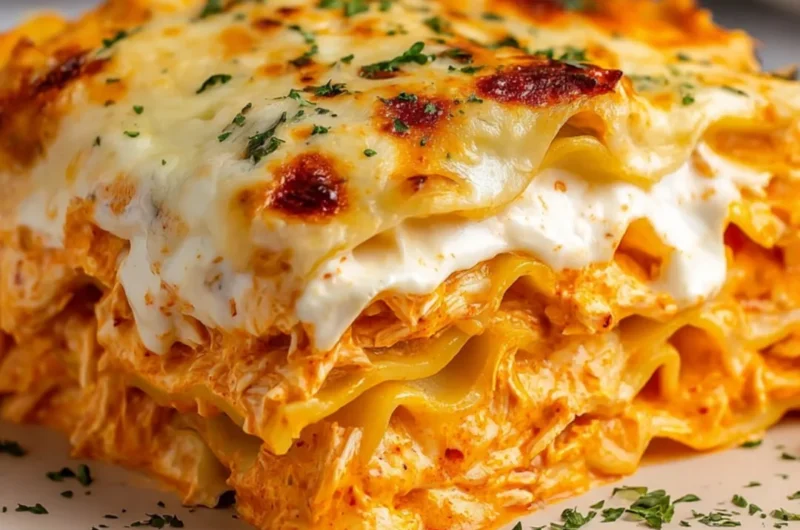 Delicious Buffalo Ranch Chicken Lasagna topped with cheese and buffalo sauce