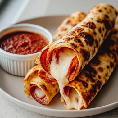 Cheesy pepperoni roll-ups served on a plate, ready to enjoy.