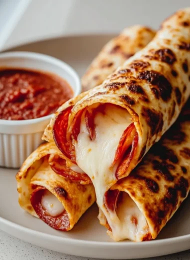 Cheesy pepperoni roll-ups served on a plate, ready to enjoy.