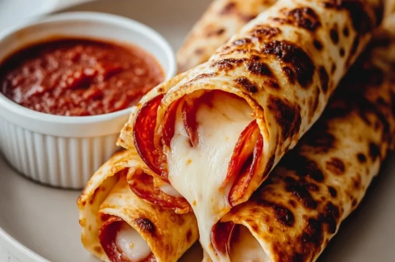 Cheesy pepperoni roll-ups served on a plate, ready to enjoy.