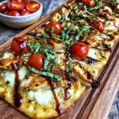 Plate of Chicken Caprese Flatbread topped with fresh mozzarella and basil.