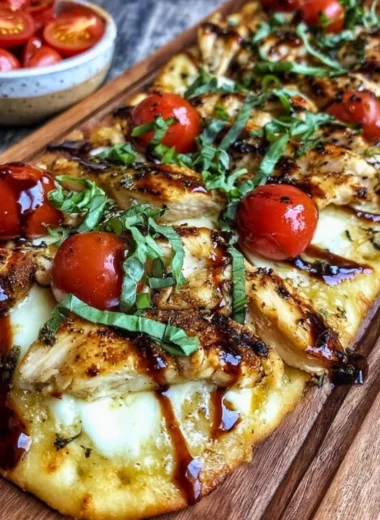 Plate of Chicken Caprese Flatbread topped with fresh mozzarella and basil.