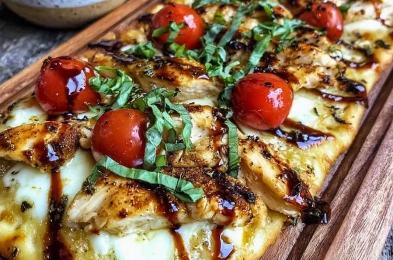 Plate of Chicken Caprese Flatbread topped with fresh mozzarella and basil.