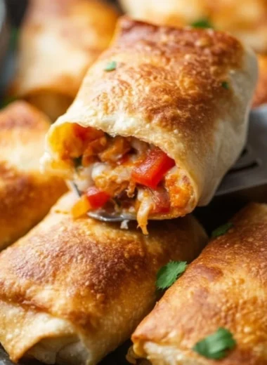 Golden brown Chicken Chimichangas garnished with salsa and avocado