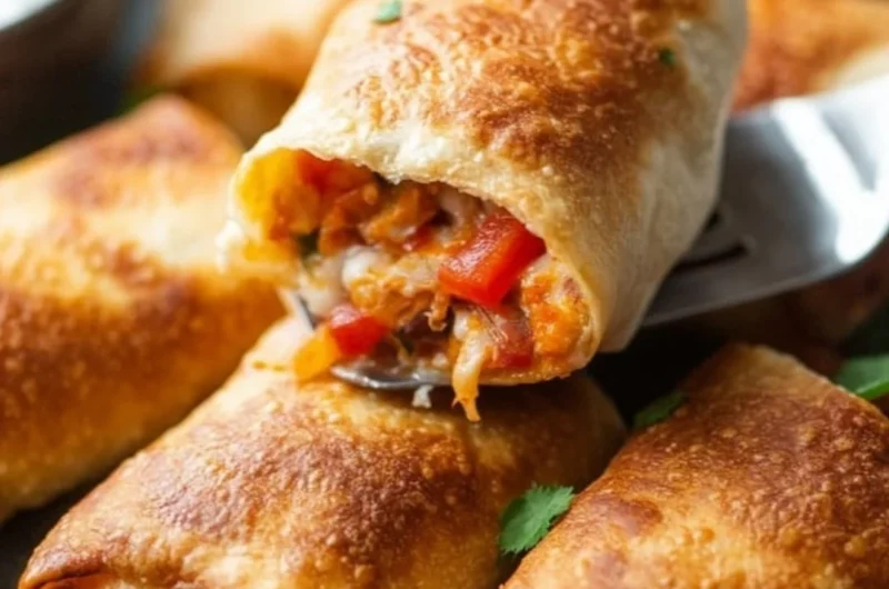 Golden brown Chicken Chimichangas garnished with salsa and avocado