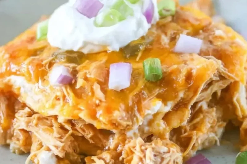 Delicious Chicken Enchilada Casserole topped with cheese and fresh ingredients