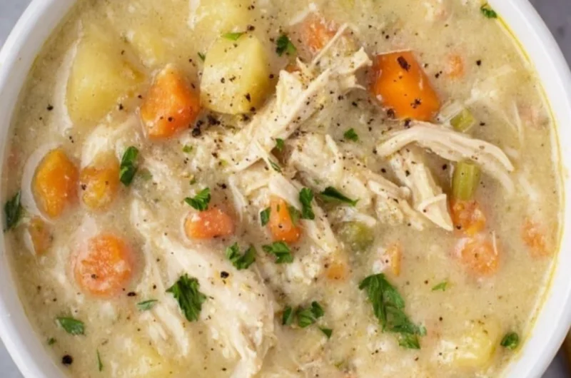 Bowl of delicious Chicken Pot Pie Soup garnished with herbs