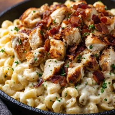Creamy chicken ranch macaroni and cheese dish served in a bowl