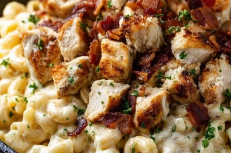 Creamy chicken ranch macaroni and cheese dish served in a bowl