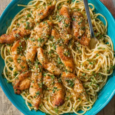 Delicious Chicken Scampi Pasta with garlic, chicken, and herbs served in a bowl.